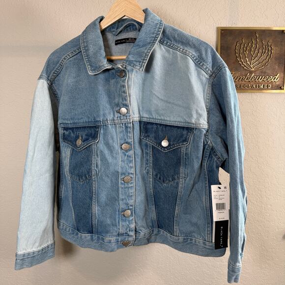 Women's Black Tape Patchwork Denim Blue Jean Button Front Jacket Size 1X NEW119 - Picture 1 of 9